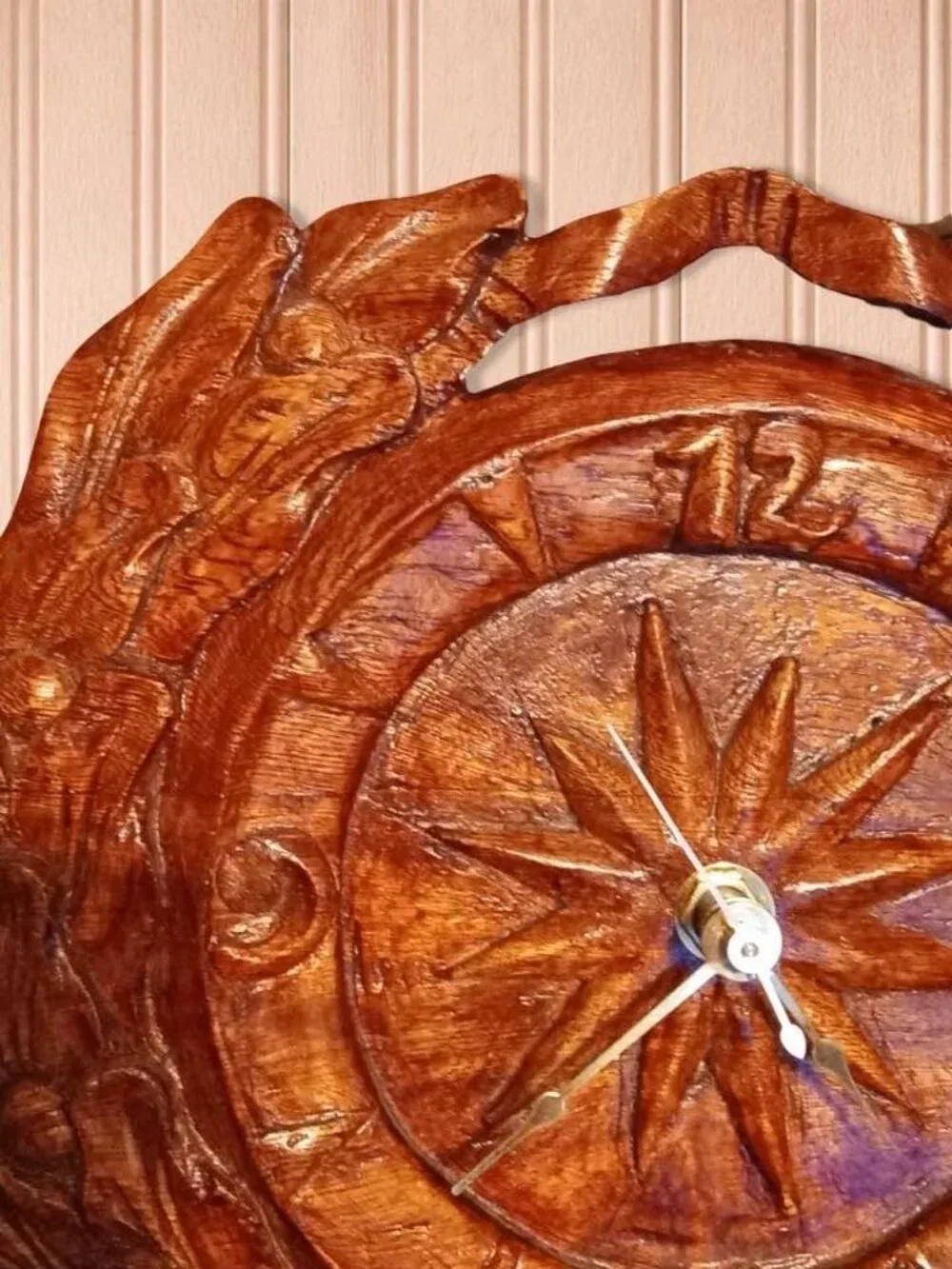 Vintage Carved Wood Compass Rose Wall Clock Birds Floral Wreath Nautical Decor